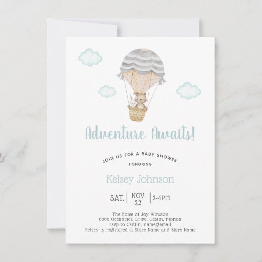 Blue Adventure Woodland Teddy Bear Baby Dusche Einladung (Vorderseite)