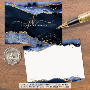 Blue Agate Geode Gold Glitzer Monogram Script Name Mitteilungskarte
