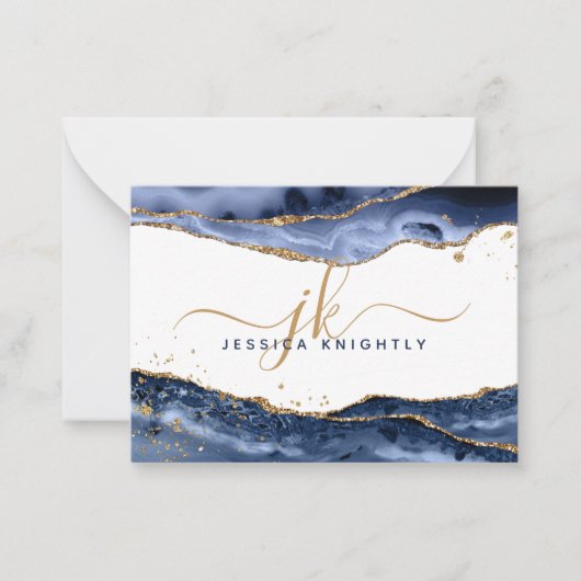 Blue Agate Geode Gold Glitzer Script Monogram Mitteilungskarte (Vorderseite)
