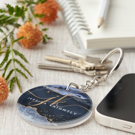 Blue Agate Geode Gold Glitzer Script Monogram Schlüsselanhänger (Vorderseite rechts)