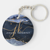 Blue Agate Geode Gold Glitzer Script Monogram Schlüsselanhänger (Rückseite)