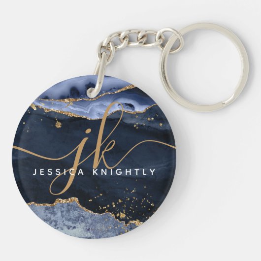 Blue Agate Geode Gold Glitzer Script Monogram Schlüsselanhänger (Rückseite)