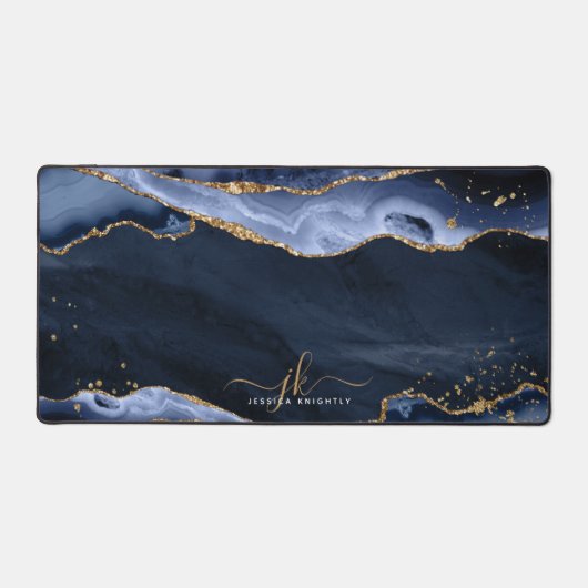 Blue Agate Geode Gold Glitzer Script Monogram Schreibtischunterlage (Vorderseite)