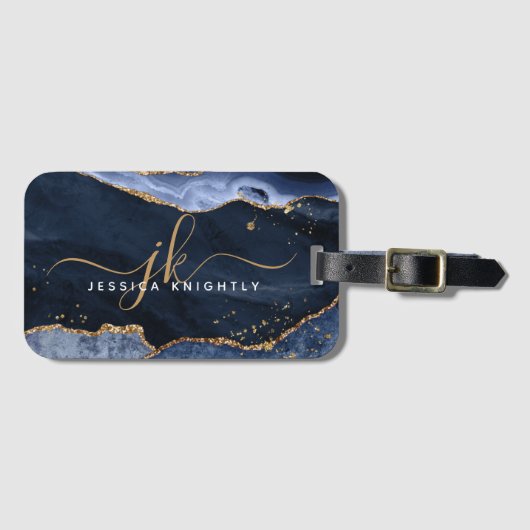 Blue Agate Geode Gold Monogram Script Gepäckanhänger (Vorderseite (Horizontal))