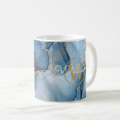 Blue Agate Geode Gold Monogram Script Name Kaffeetasse (VorderseiteRechts)
