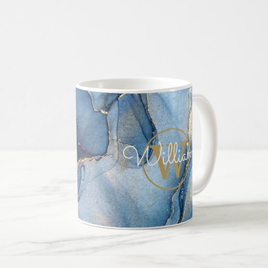 Blue Agate Geode Gold Monogram Script Name Kaffeetasse (VorderseiteRechts)