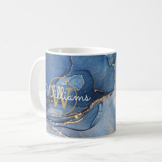 Blue Agate Geode Gold Monogram Script Name Kaffeetasse (Vorderseite Links)
