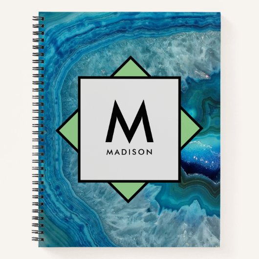 Blue Agate Geode mit Ihrem Namen und Monogramm auf Notizblock (Vorderseite)