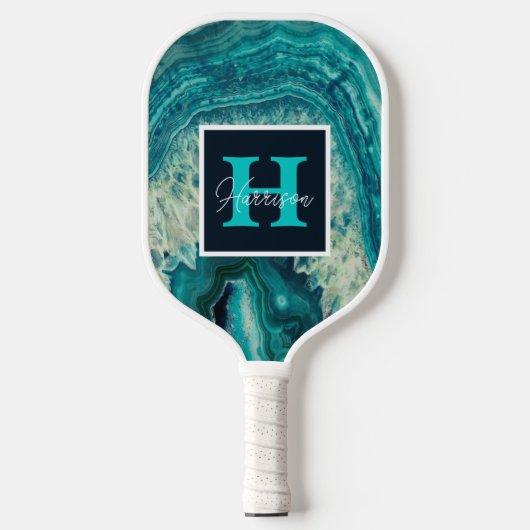 Blue Agate Geode Monogram & Name Personalisiert Pickleball Schläger (Vorderseite)