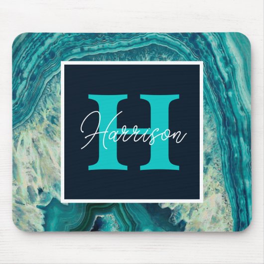 Blue Agate Geode Monogram Simple Modern Mousepad (Vorne)