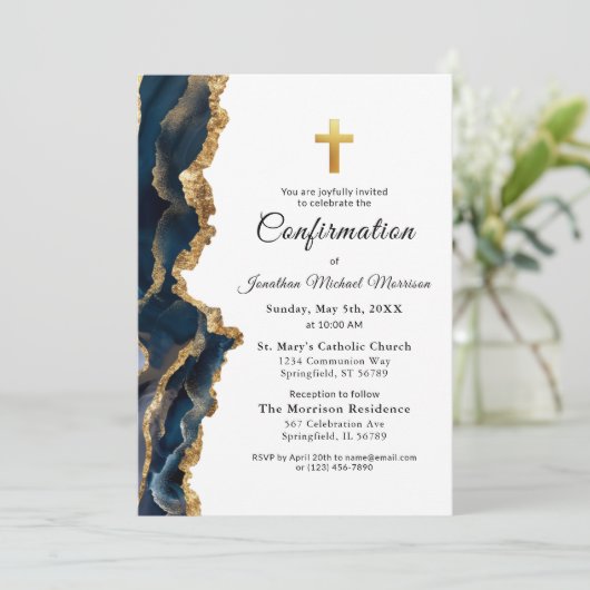 Blue Agate Gold-Bestätigung Einladung (Stehend Vorderseite)