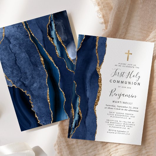 Blue Agate Gold Glitzer Erste Heilige Kommune Einladung