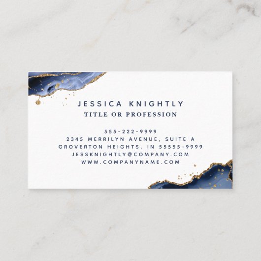 Blue Agate Gold Glitzer Monogram Script Visitenkarte (Rückseite)