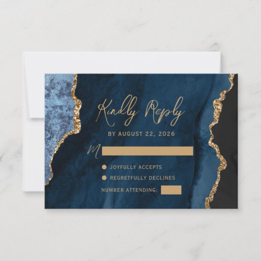 Blue Agate Gold Script Wedding RSVP Karte (Vorderseite)