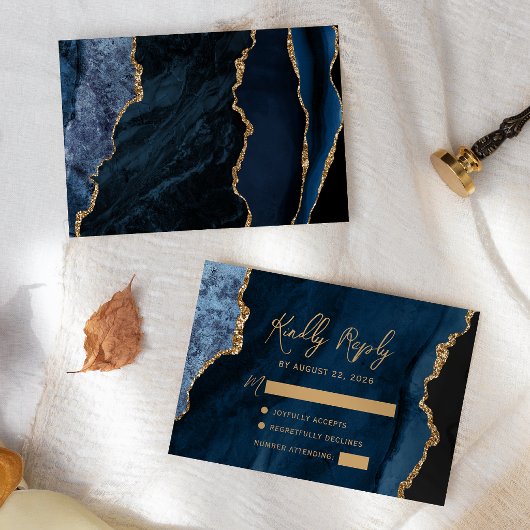 Blue Agate Gold Script Wedding RSVP Karte