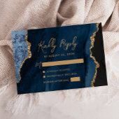 Blue Agate Gold Script Wedding RSVP Karte