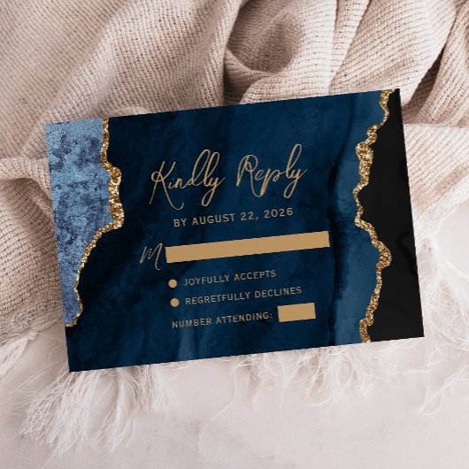 Blue Agate Gold Script Wedding RSVP Karte