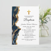 Blue Agate Gold Taufe Modernes Elegantes Einladung (Stehend Vorderseite)