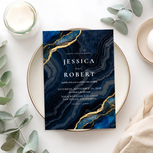 Blue Agate Marble Elegante Wedding Einladung
