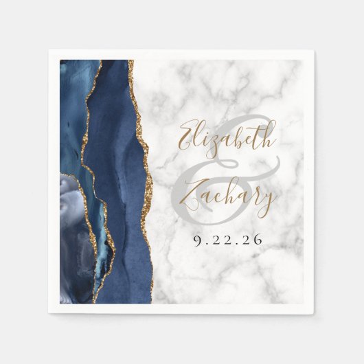 Blue Agate Marble Gold Script Hochzeit Serviette (Vorderseite)
