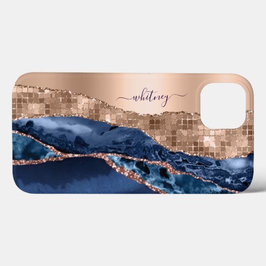 Blue Agate Marble & Rose Gold Glitzer Moderne Case-Mate iPhone Hülle (Rückseite (Horizontal))