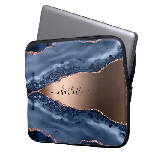 Blue agate marble rose gold name script laptopschutzhülle (Vorderseite Links)
