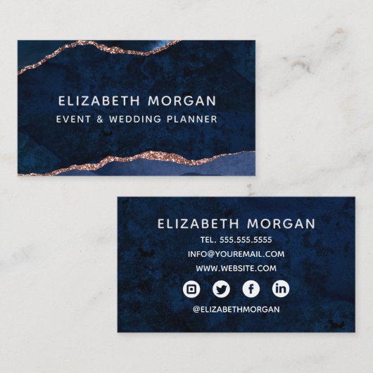 Blue Agate Marble Rose Gold Wasserfarbe Visitenkarte (Vorne/Hinten)