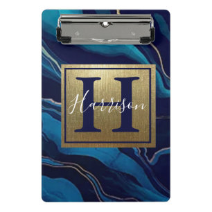 Blue Agate Marmor Gold Name und Monogram Cli Mini Klemmbrett