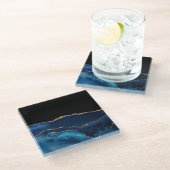 Blue Agate Marmor Shiny Golden Glitzer Chic Glam Glasuntersetzer (Schrägansicht)