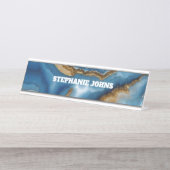 Blue Agate Monogram Turquoise Gold Custom Name Schreibtischnamensplakette (Vorderseite )
