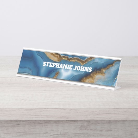 Blue Agate Monogram Turquoise Gold Custom Name Schreibtischnamensplakette (Vorderseite )