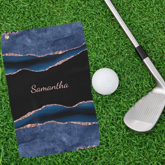 Blue Agate Rose Gold Name Golfhandtuch