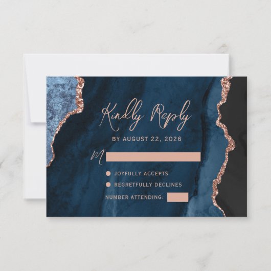 Blue Agate Rose Gold Script Wedding RSVP Karte (Vorderseite)