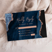 Blue Agate Rose Gold Script Wedding RSVP Karte