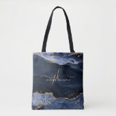 Blue Agate Script Monogram Gold Glitzer Tasche (Vorderseite)