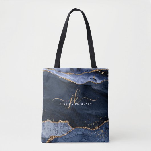 Blue Agate Script Monogram Gold Glitzer Tasche (Vorderseite)