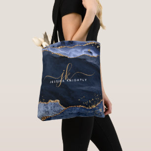 Blue Agate Script Monogram Gold Glitzer Tasche