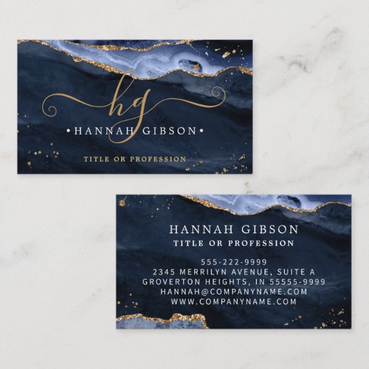 Blue Agate Script Monogram Imitate Gold Glitzer Visitenkarte (Vorne/Hinten)