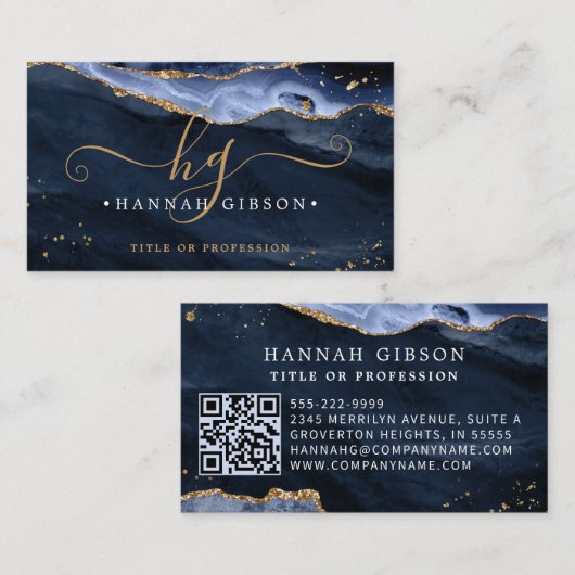 Blue Agate Script Monogram QR Code Glitzer Visitenkarte (Vorne/Hinten)