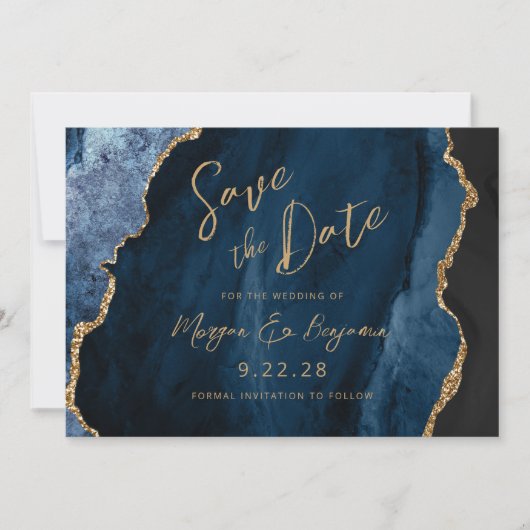 Blue Agate Script Wedding Save the Date (Vorderseite)