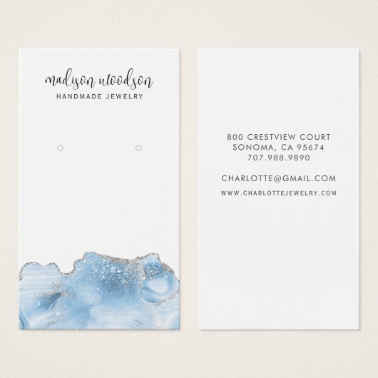 Blue Agate Silver Script Earring Display Card (Vorne & Hinten)