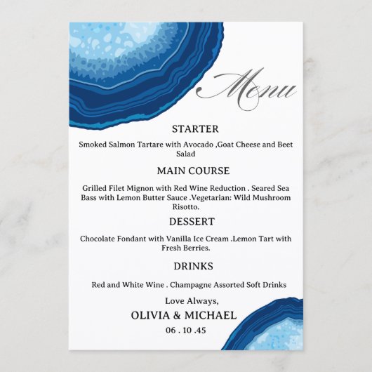 Blue Agate Sliced Wedding Menu Menükarte (Vorderseite)