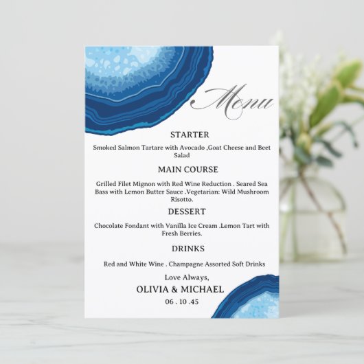 Blue Agate Sliced Wedding Menu Menükarte (Stehend Vorderseite)