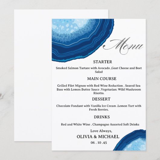 Blue Agate Sliced Wedding Menu Menükarte (Vorne/Hinten)