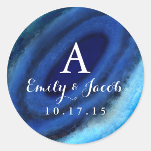 Blue Agate Wedding Monogram Runder Aufkleber