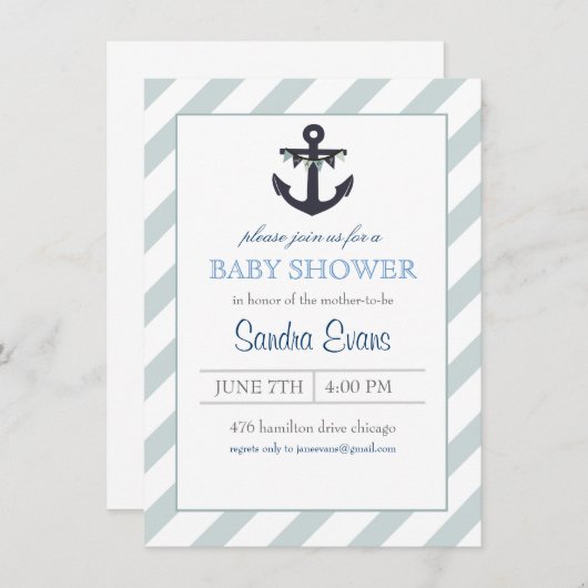 Blue Ahoy Anchor Baby Dusche Einladung (Vorne/Hinten)