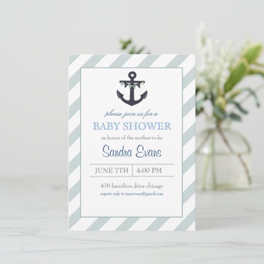 Blue Ahoy Anchor Baby Dusche Einladung (Stehend Vorderseite)