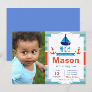 Blue Ahoy Birthday Einladung mit Foto