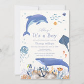 Blue Ahoy Ocean Dolphin Whale Boy Baby Dusche Einladung (Vorderseite)