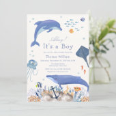 Blue Ahoy Ocean Dolphin Whale Boy Baby Dusche Einladung (Stehend Vorderseite)